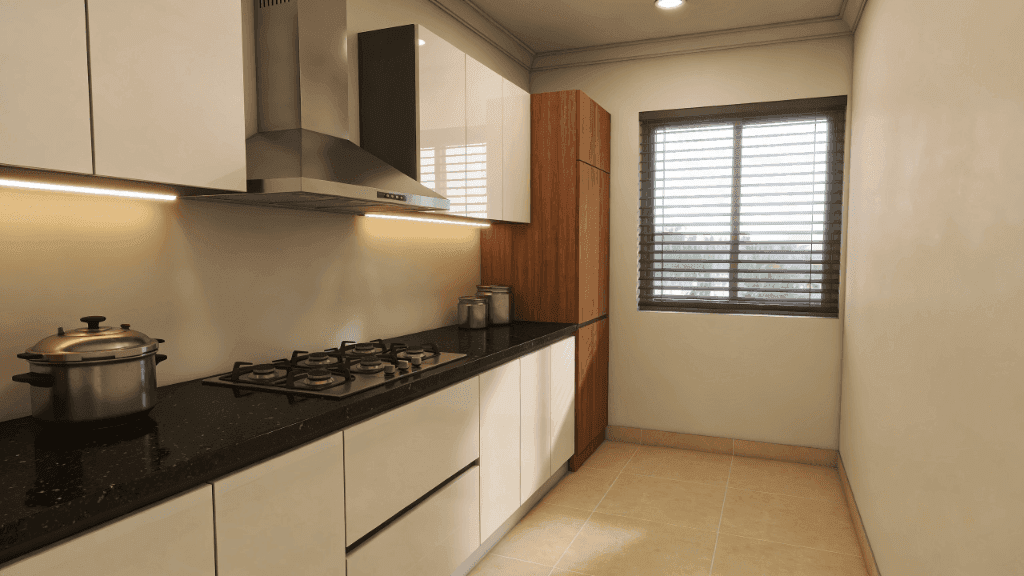 Waterproof Gloss Modular Kitchen — Cream Pearl ACRYLUX [Client Project]