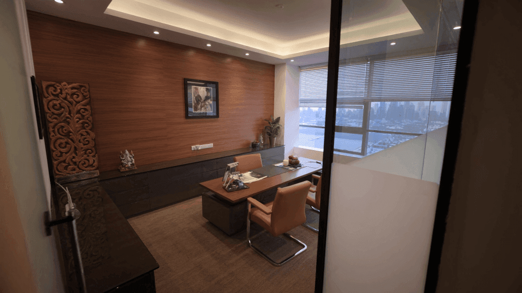 Bespoke Executive Director Suite — Warm Walnut Wood Clad Wall & Premium Matte Charcoal Desk
