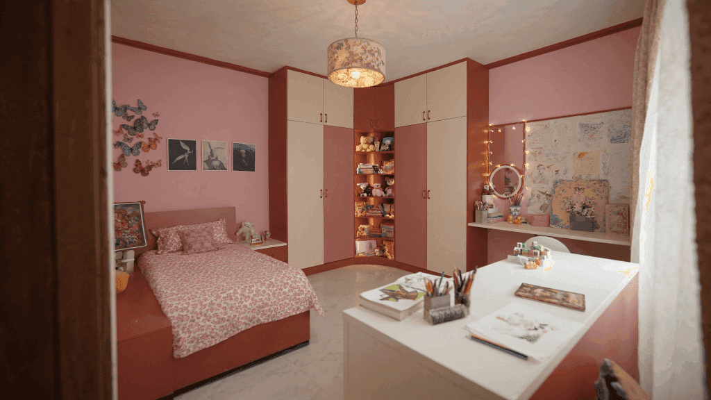 Elegant Princess Bedroom — Matte Cream & Coral Pink Corner Wardrobes with Custom Shelving