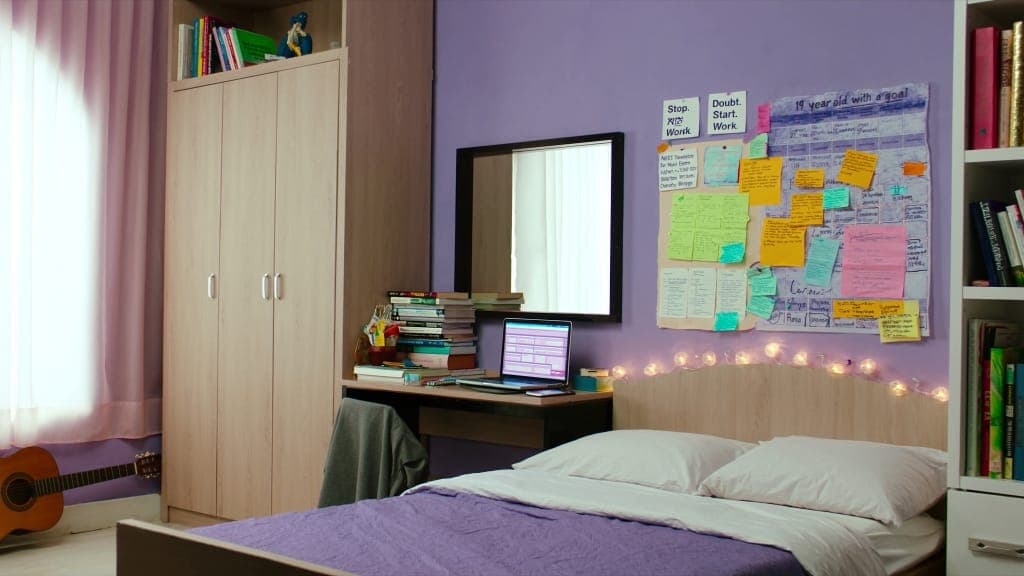 Cozy Teen Study Bedroom — Warm Wood Textured Wardrobes & Lilac Purple Accent Wall