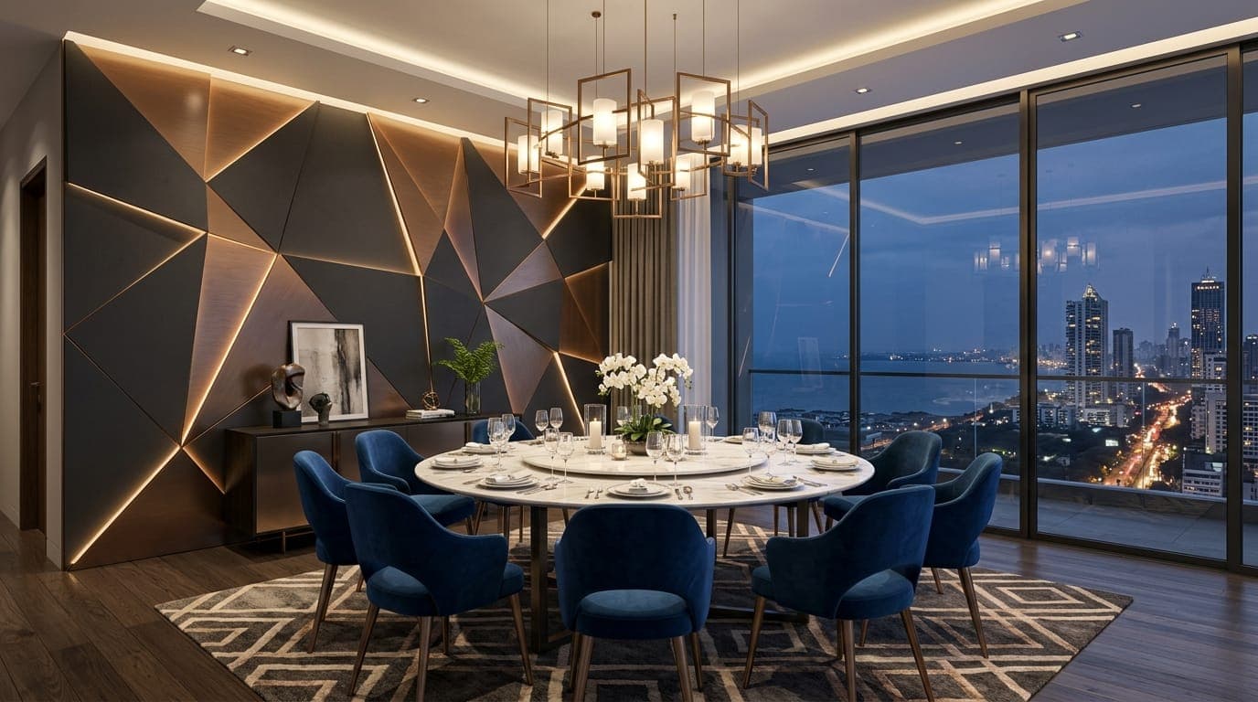 Contemporary Penthouse Dining Accent Wall — Geometric Matte Charcoal & Bronze Metallic Acrylic Panels
