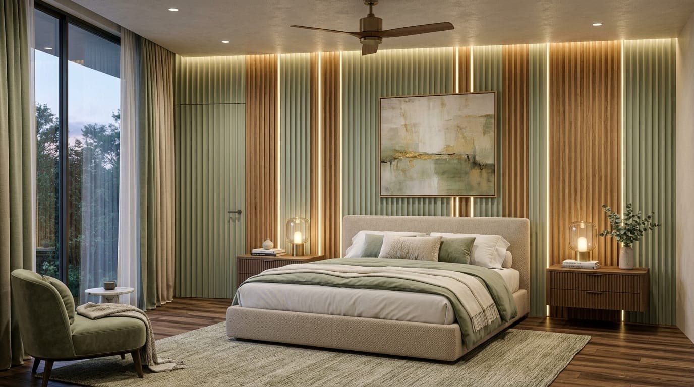 Master Bedroom Acoustic Feature Wall — Seamless 3D Fluted ACRYMATTE Sage Green with LED Inlays