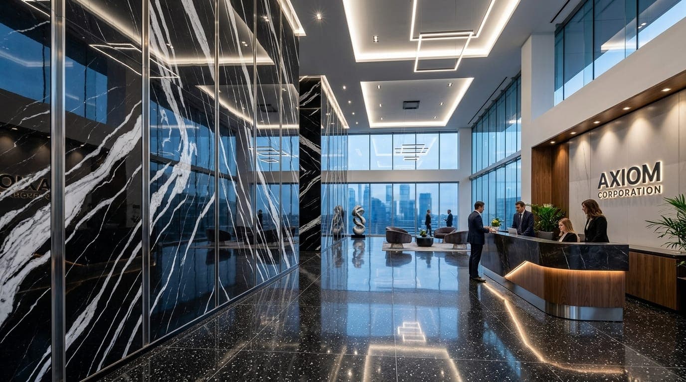 Corporate Reception Grand Feature Wall — Optical-Grade Black & White Marble ACRYGLASS Cladding