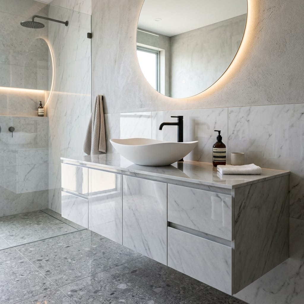 Waterproof Bathroom Vanity Design Ideas: 100% Moisture-Proof Acrylics - SurajWood Luxury Architectural Finishes